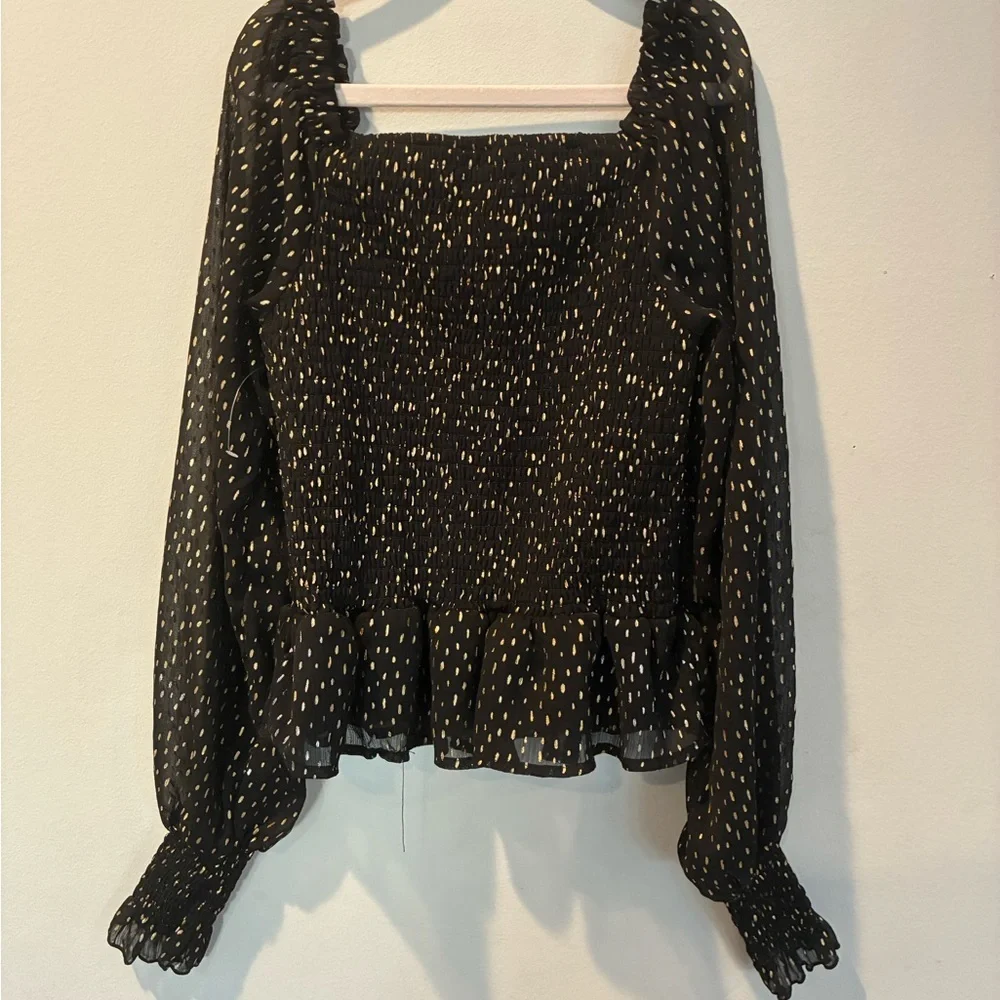 Chelsea & Violet Black and Gold Smocked Blouse